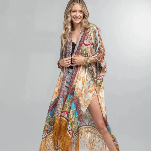 New! Boho Jaquard Print Fringe Kimono Coverup Wrap - Picture 1 of 9
